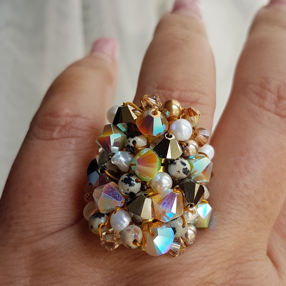 Swarovski Elements Large Dark Brown & Dalmatian Beads Cluster Statement Ring NWT - Picture 4 of 13